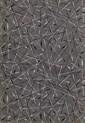 grey endpaper with pattern of black and pale grey arrows and red dots