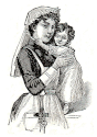 woman holding child engraving