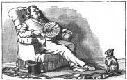 sitting man and cat engraving